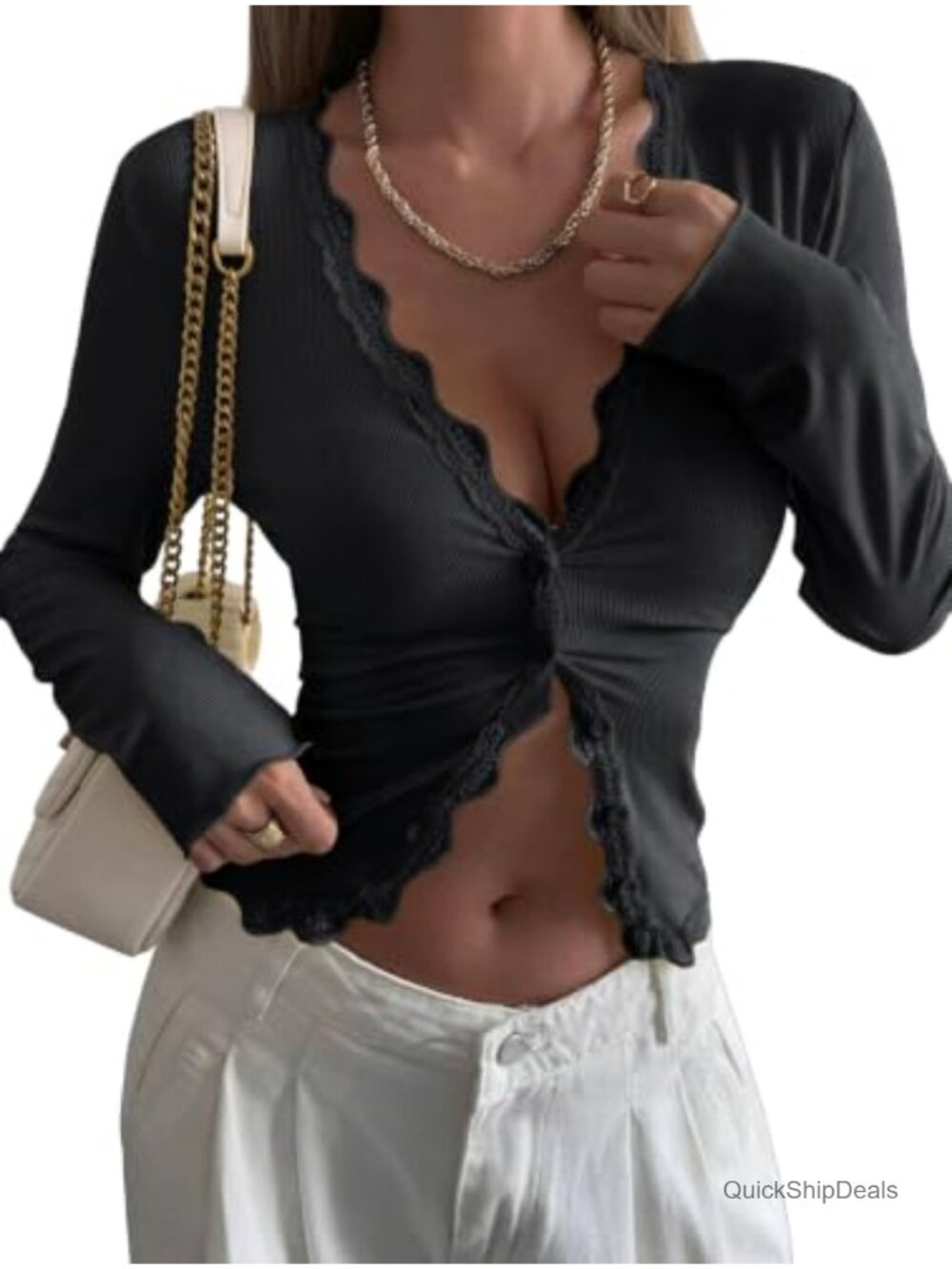 Lace Trim Ribbed Knit Button Cardigan Slim Fit Long Sleeve V-Neck Top